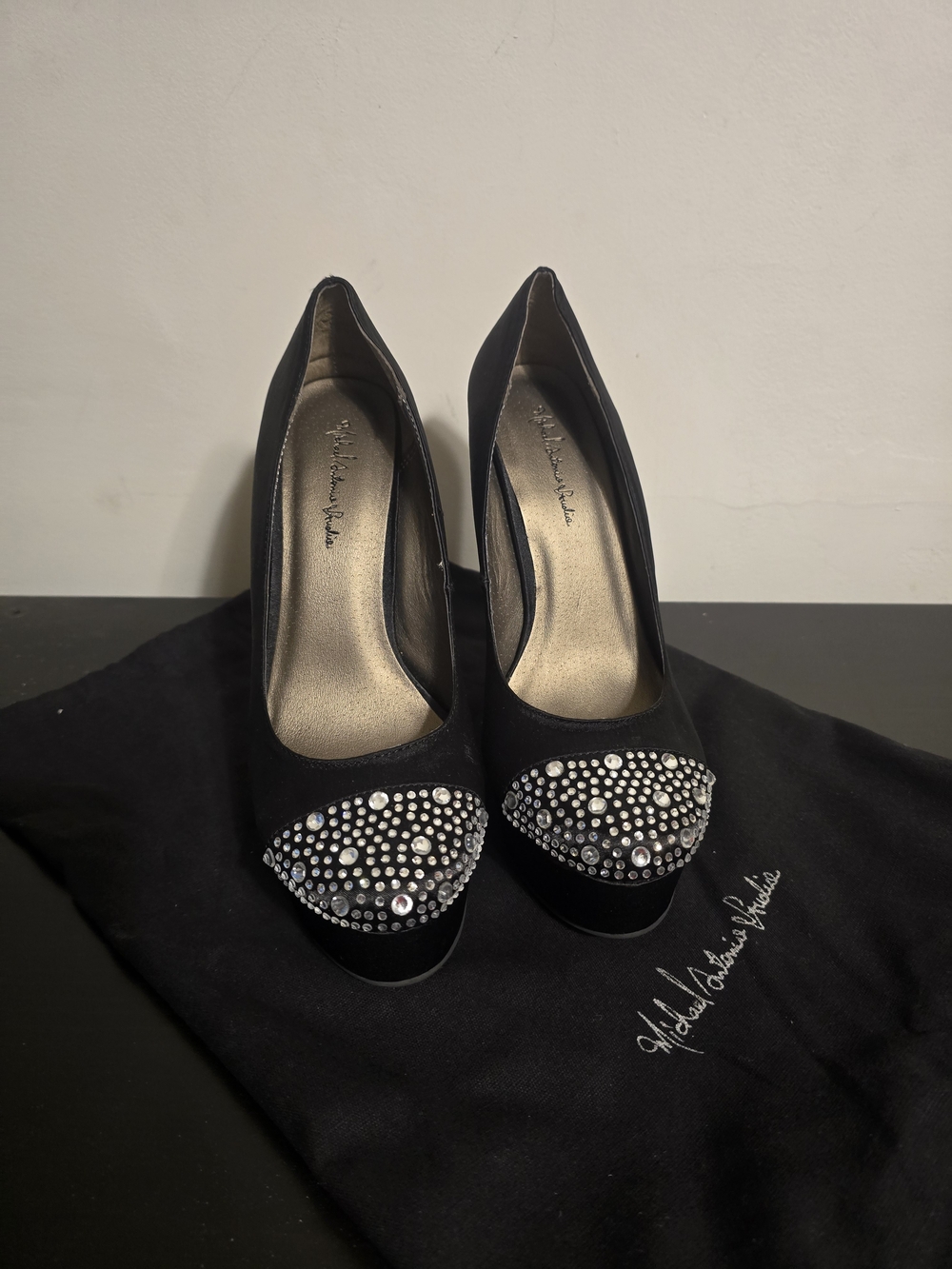 Michael Antonio Studio Embellished Black High Heel Pumps with Rhinestone Cap Toe